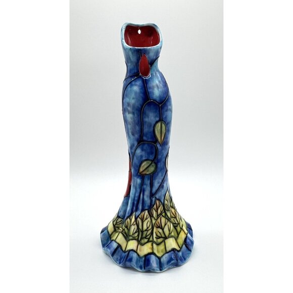 Benaya Dress Vase Art Deco Blue Ceramic Red Poppy Flowers Signed AK 06 12" - Picture 2 of 4